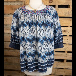Bella tu Blue and White Blouse with Beaded Neckline